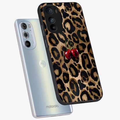 Leopard Wild Cherry Glass Case displayed in angled mockup highlighting bold animal print design with playful cherry aesthetic.