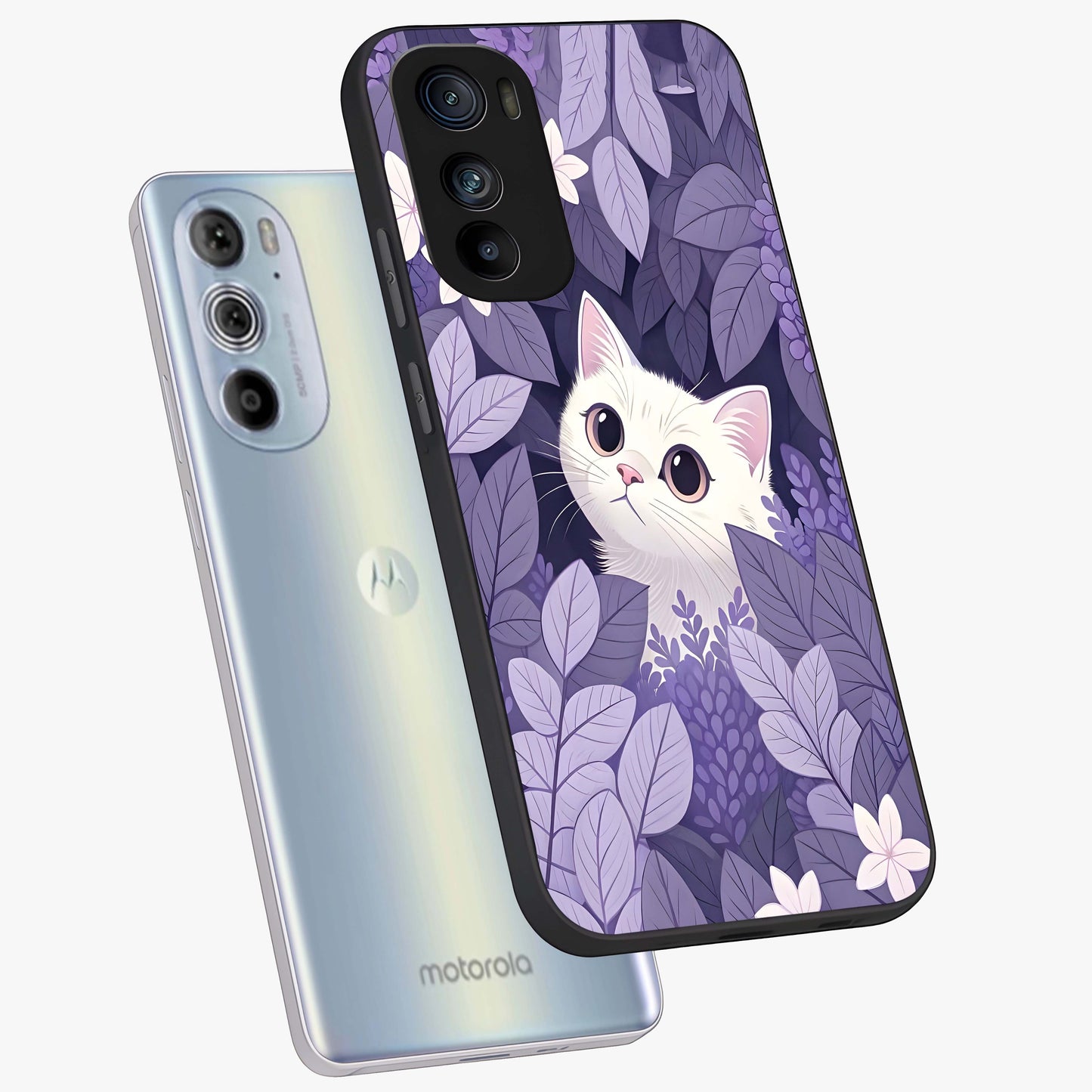 Lilac Hide Peek Cat Glass Case displayed in angled mockup highlighting playful feline illustration with lilac aesthetic design.