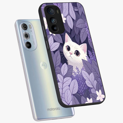 Lilac Hide Peek Cat Glass Case displayed in angled mockup highlighting playful feline illustration with lilac aesthetic design.