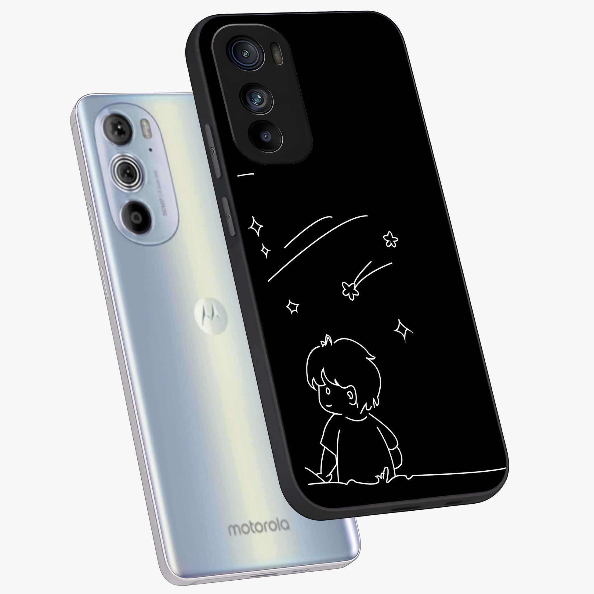 Line Art Boy With Shooting Stars Glass Case displayed in angled mockup highlighting elegant line art design with dreamy star aesthetic.