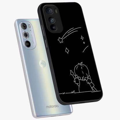Line Art Girl With Shooting Stars Glass Case displayed in angled mockup highlighting elegant line art design with dreamy star aesthetic.