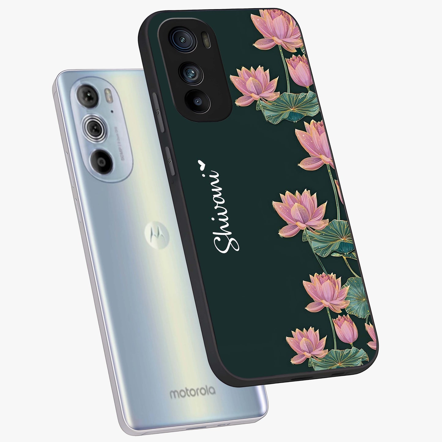 Lotus Bloom Serenity Custom Name Glass Case displayed in angled mockup highlighting graceful lotus illustration with custom name feature.
