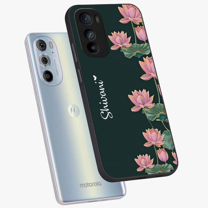 Lotus Bloom Serenity Custom Name Glass Case displayed in angled mockup highlighting graceful lotus illustration with custom name feature.