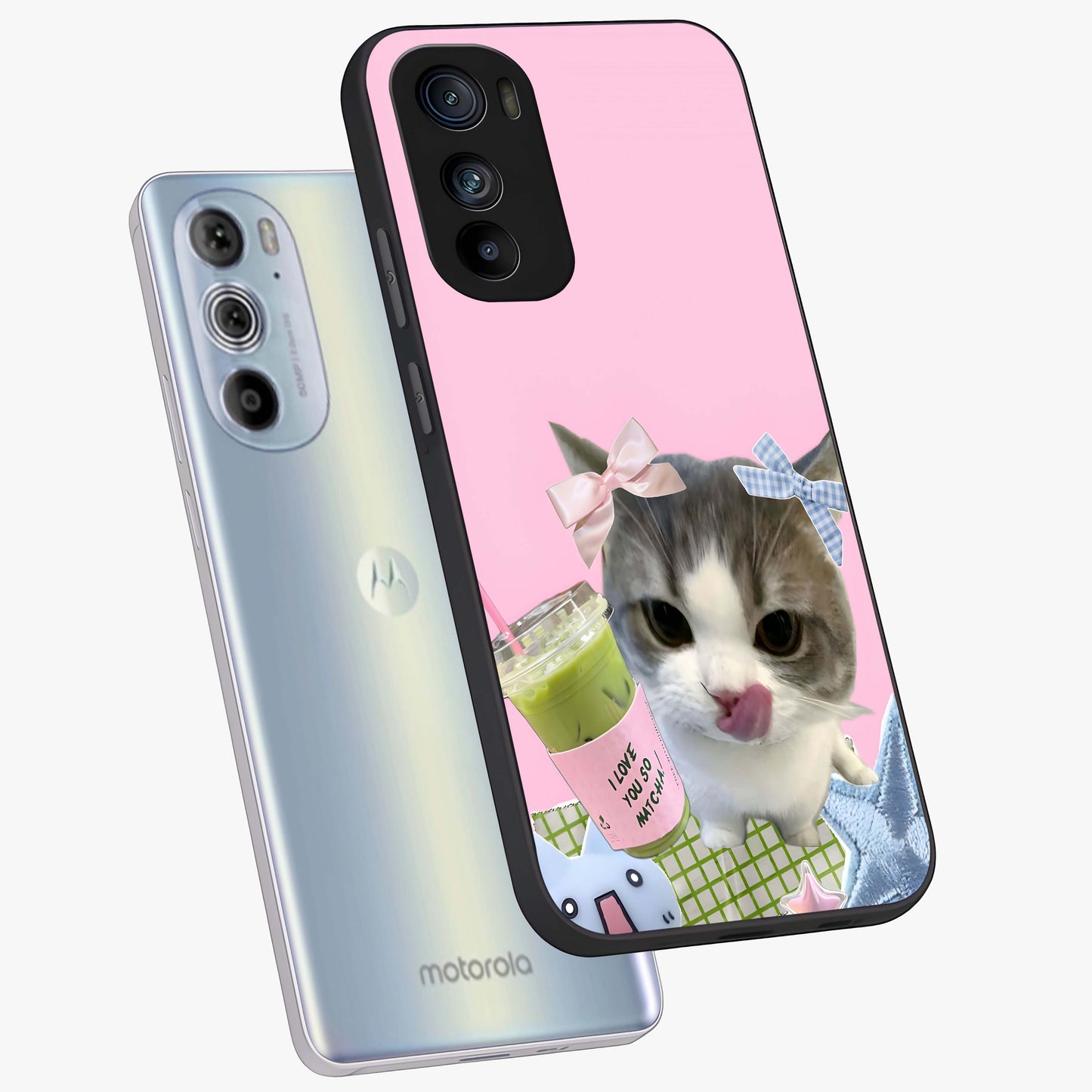 Love Matcha Cat Glass Case displayed in angled mockup highlighting playful feline illustration with cozy matcha aesthetic.