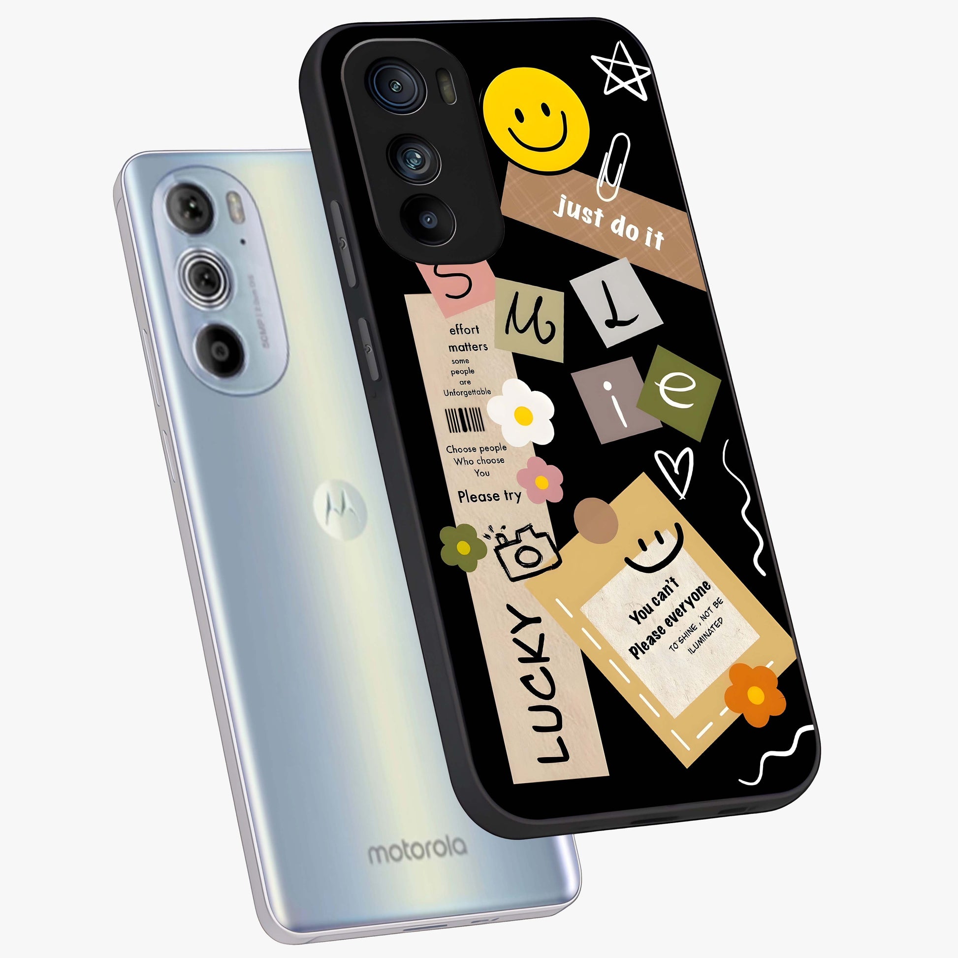 Lucky Aesthetic Collage Glass Case displayed in angled mockup highlighting stylish collage pattern with modern aesthetic vibe.