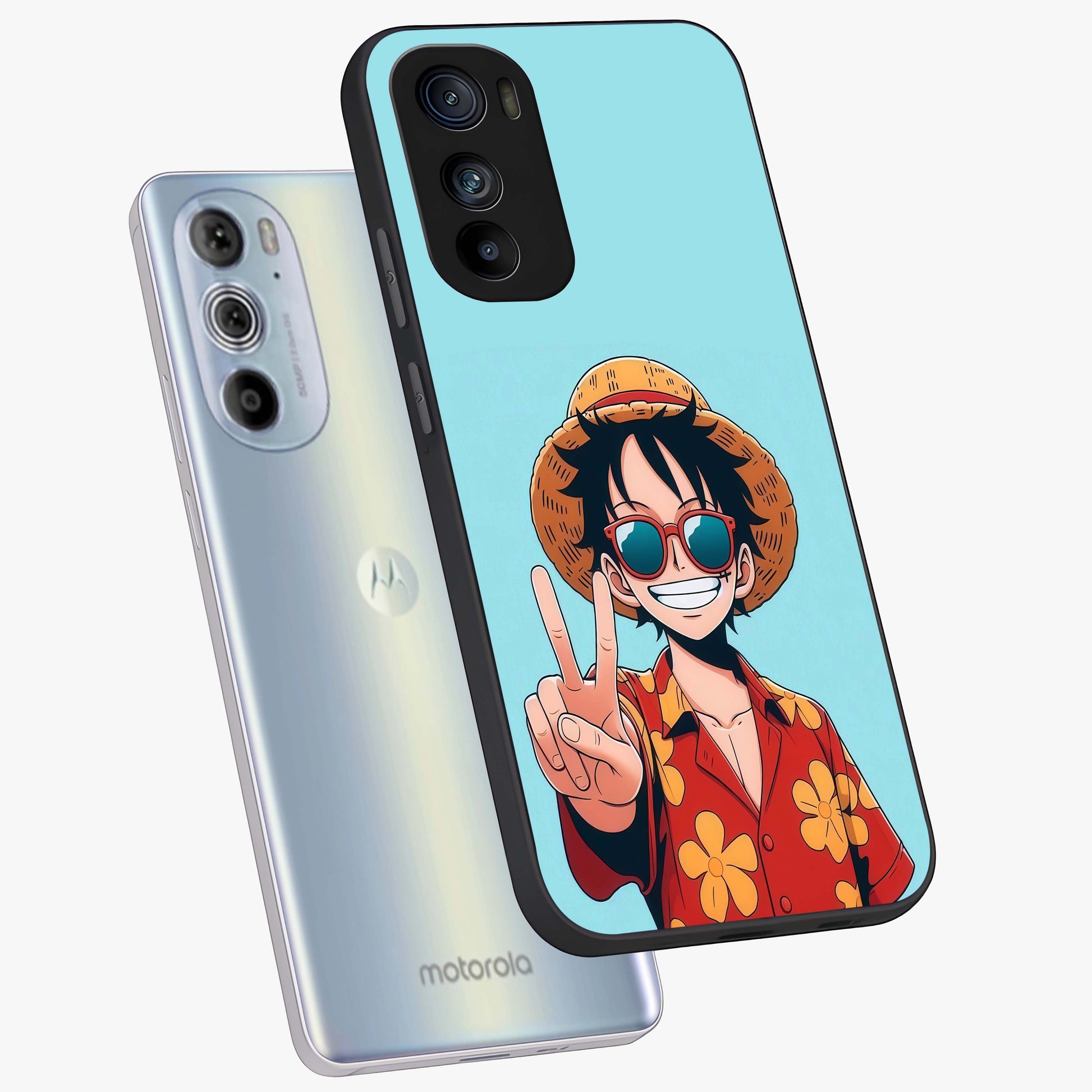 Luffy Summer Anime Vibe Glass Case displayed in angled mockup highlighting energetic anime illustration with summer vibe aesthetic.