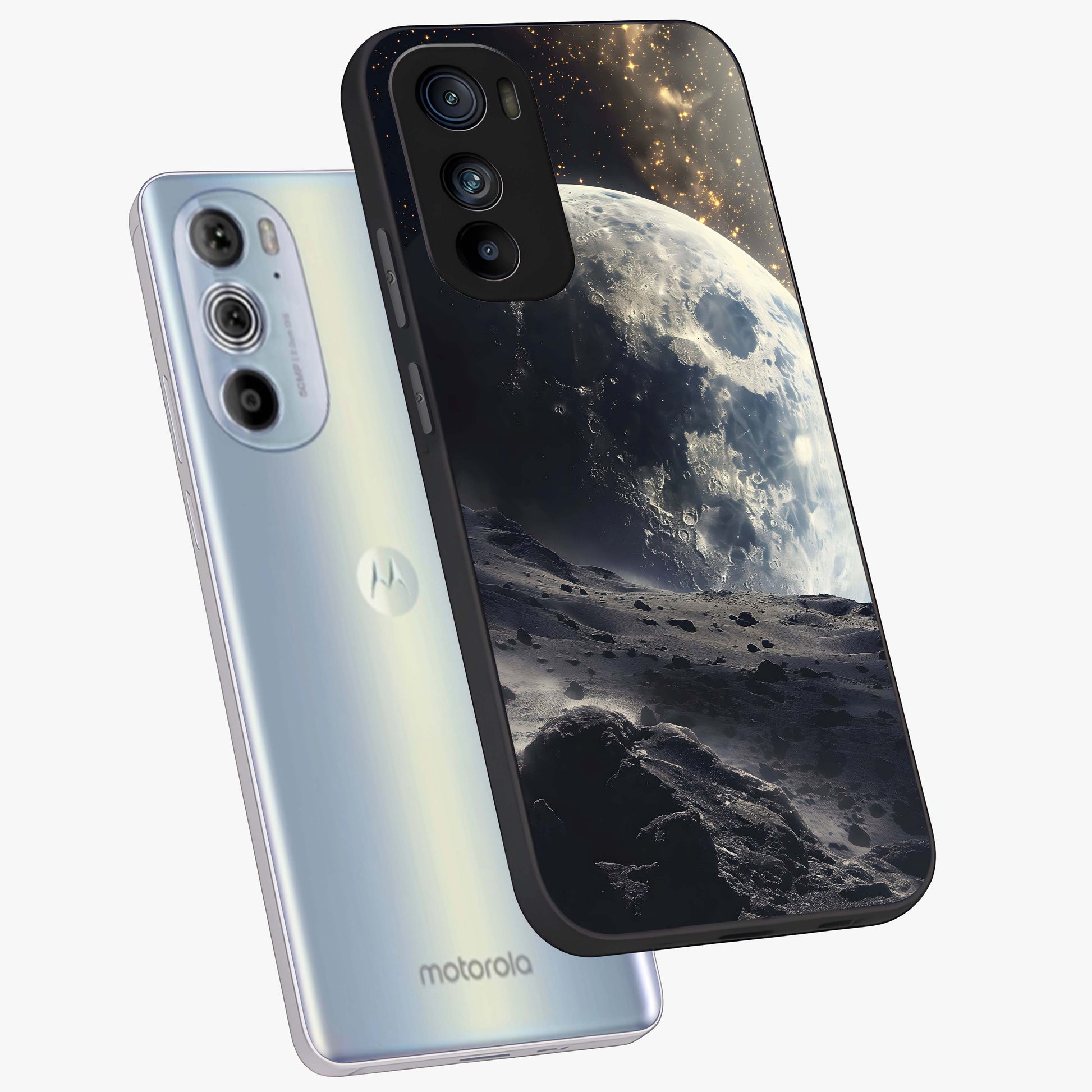 Lunar Horizon Glow Glass Case displayed in angled mockup highlighting celestial moon design with dreamy night aesthetic.