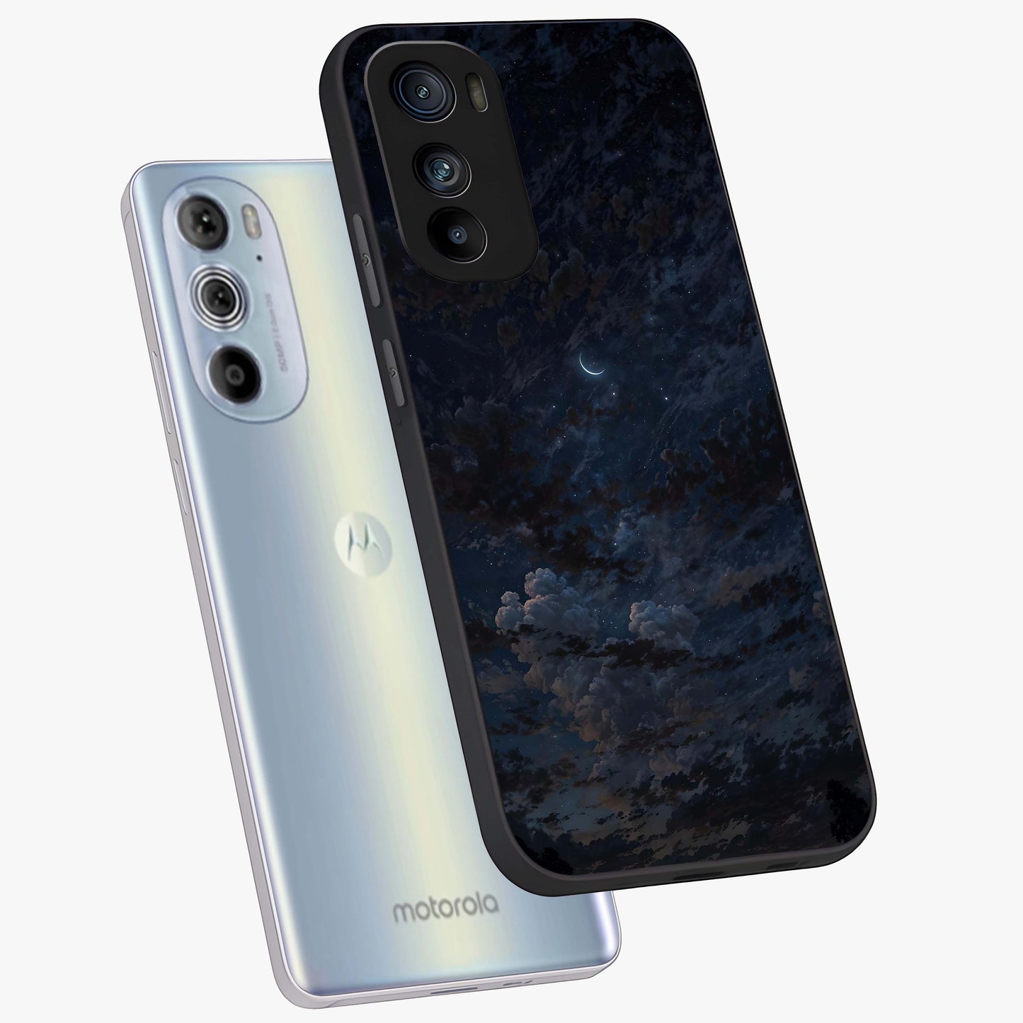 Lunar Veil Silence Glass Case displayed in angled mockup highlighting soft lunar design with peaceful celestial aesthetic.