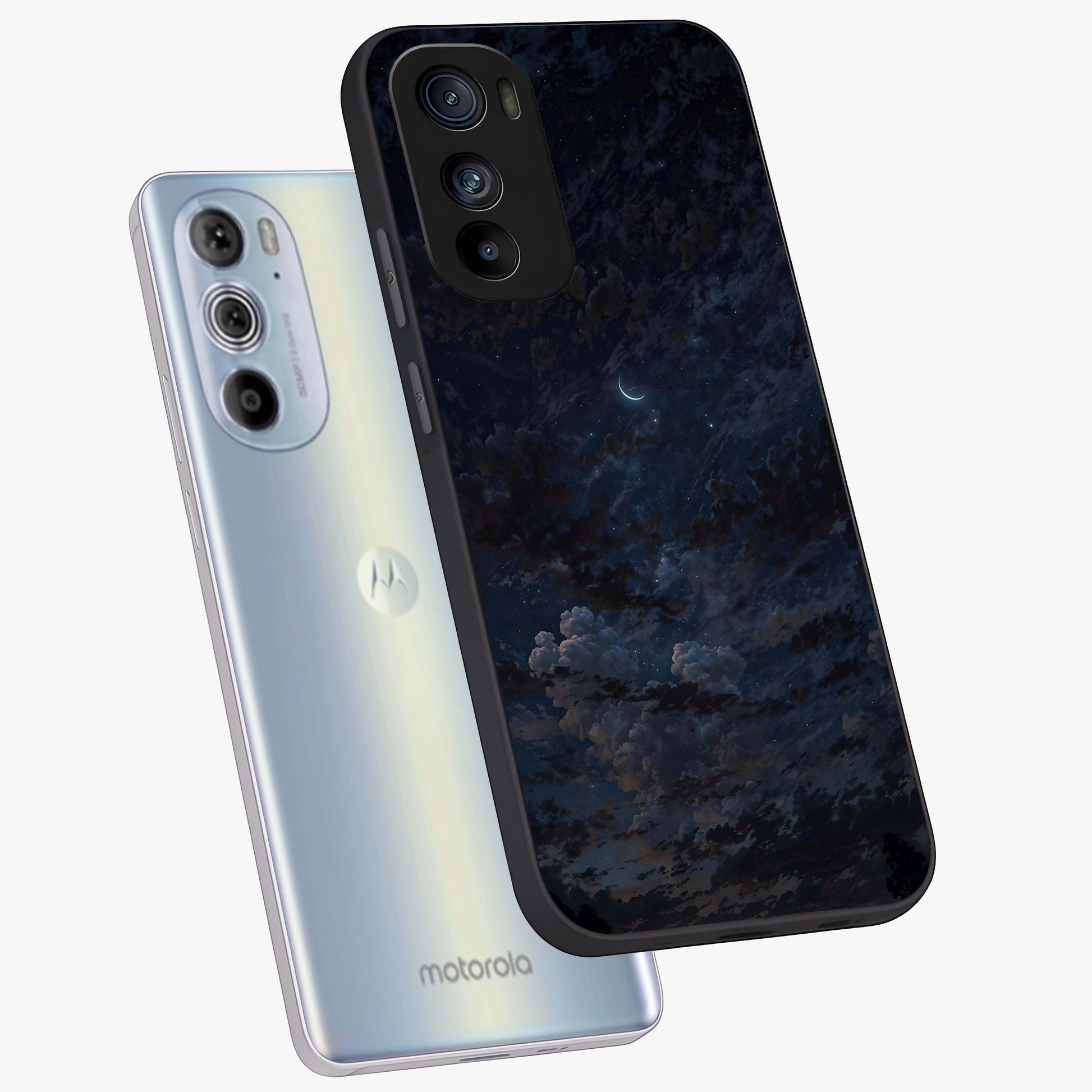 Lunar Veil Silence Glass Case displayed in angled mockup highlighting soft lunar design with peaceful celestial aesthetic.