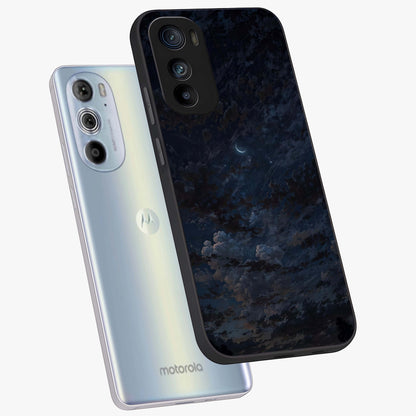Lunar Veil Silence Glass Case displayed in angled mockup highlighting soft lunar design with peaceful celestial aesthetic.