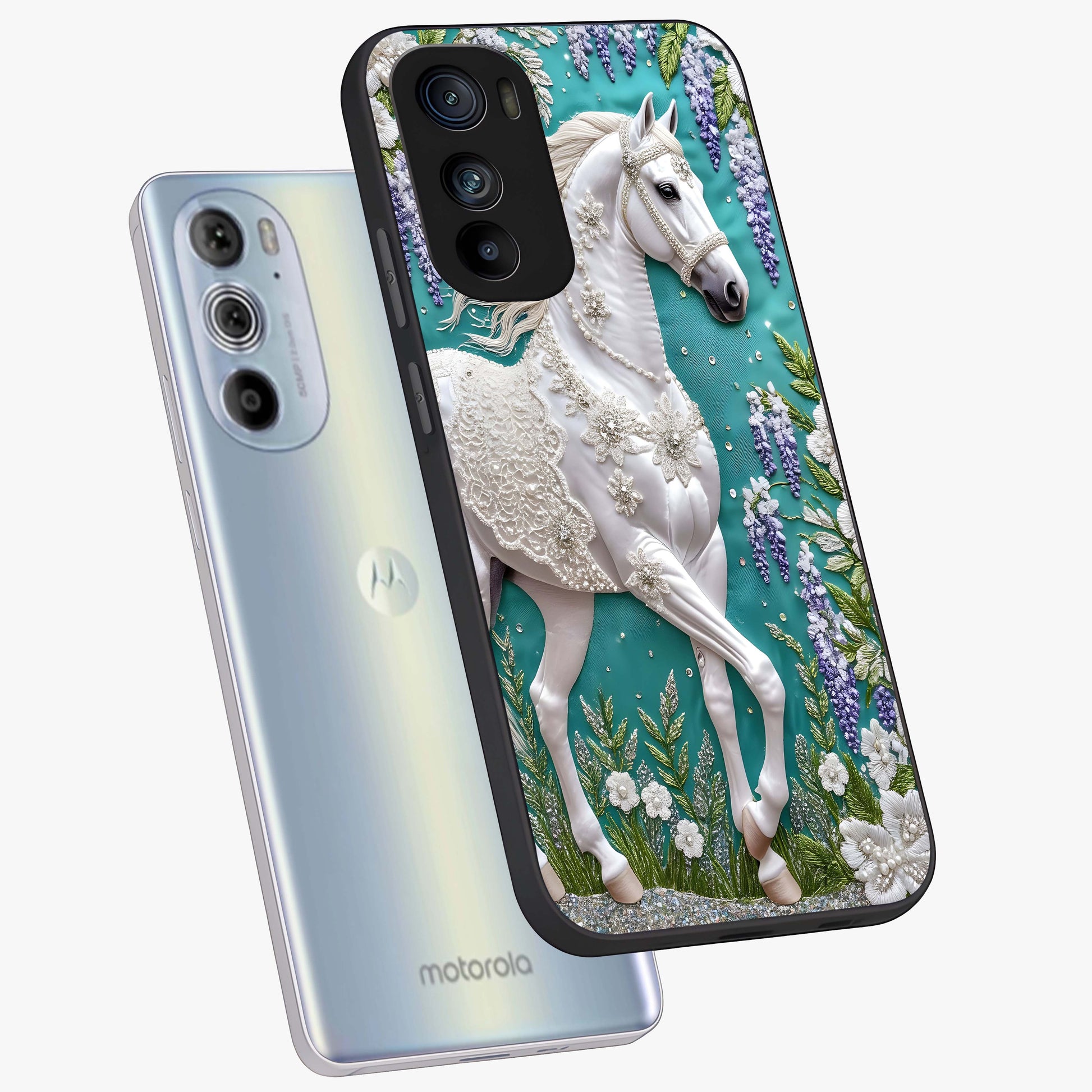 Majestic Floral Stallion Glass Case displayed in angled mockup highlighting majestic stallion illustration with elegant floral aesthetic.