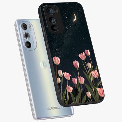 Midnight Tulip Whispers Vibe Glass Case displayed in angled mockup highlighting delicate tulip design with midnight floral aesthetic.