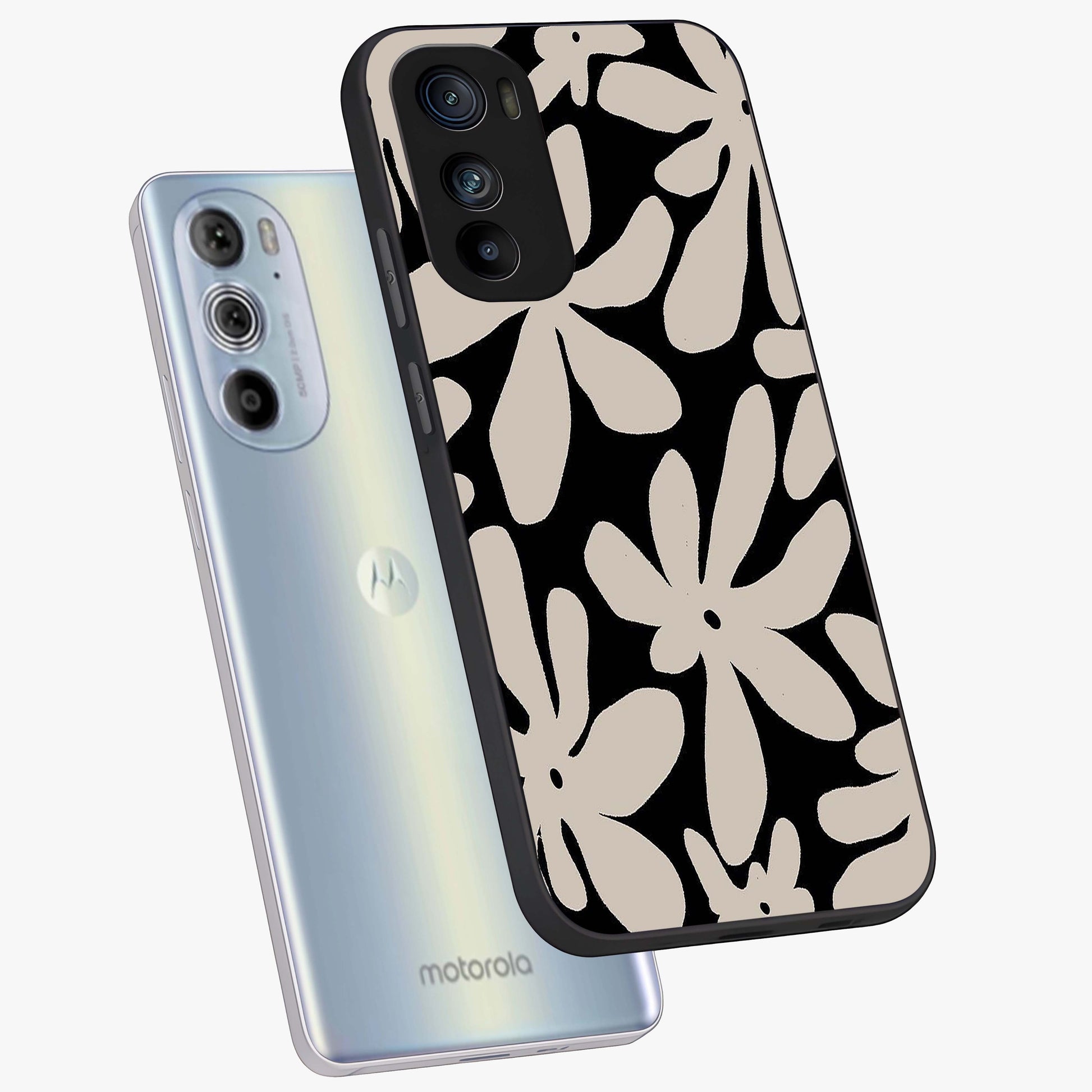 Monochrome Petal Dance Glass Case displayed in angled mockup highlighting elegant petal design with black and white aesthetic.