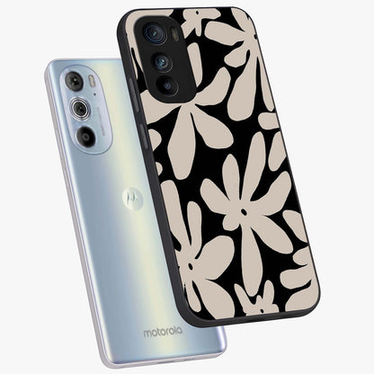 Monochrome Petal Dance Glass Case displayed in angled mockup highlighting elegant petal design with black and white aesthetic.
