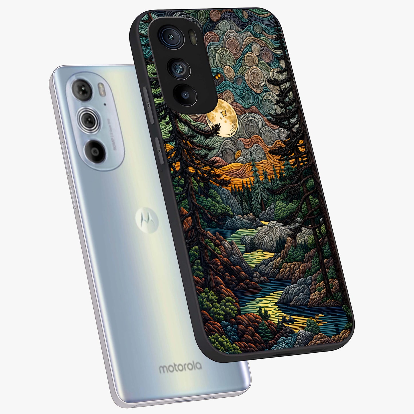 Moonlight Forest Dream Glass Case displayed in angled mockup highlighting dreamy forest design with glowing moon aesthetic.