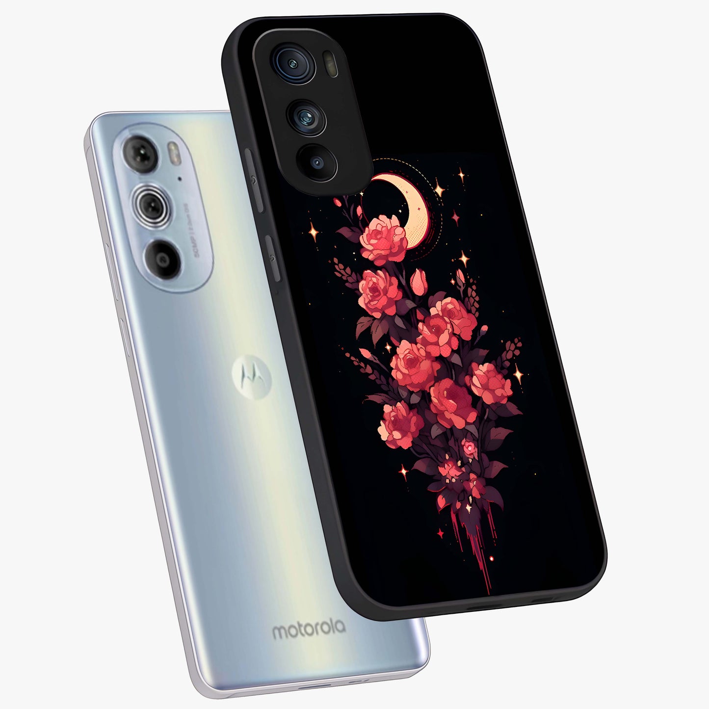 Moonlit Floral Elegance Glass Case displayed in angled mockup highlighting graceful flower design with soft moonlight aesthetic.