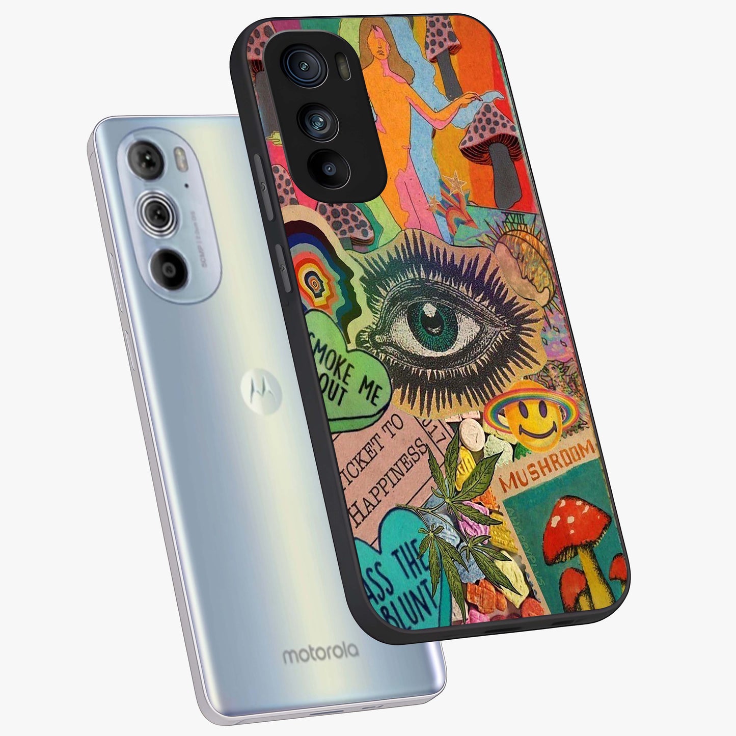 Mystic Eye Wonderland Glass Case displayed in angled mockup highlighting magical eye illustration with dreamy aesthetic.