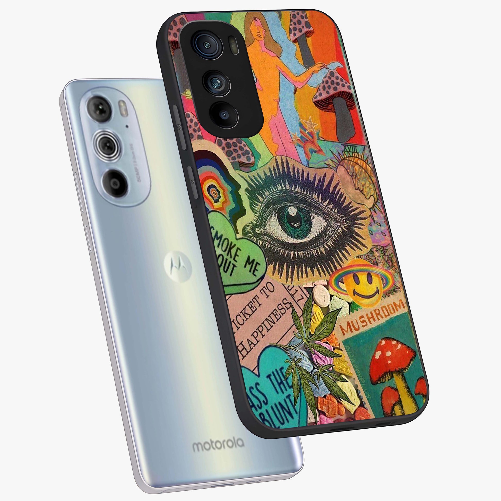 Mystic Eye Wonderland Glass Case displayed in angled mockup highlighting magical eye illustration with dreamy aesthetic.
