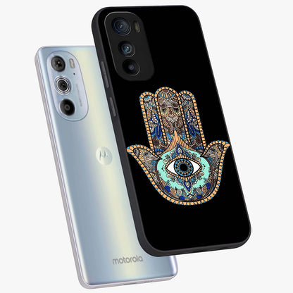 Mystic Hamsa Eye Glass Case displayed in angled mockup highlighting spiritual hamsa symbol with mystical aesthetic style.