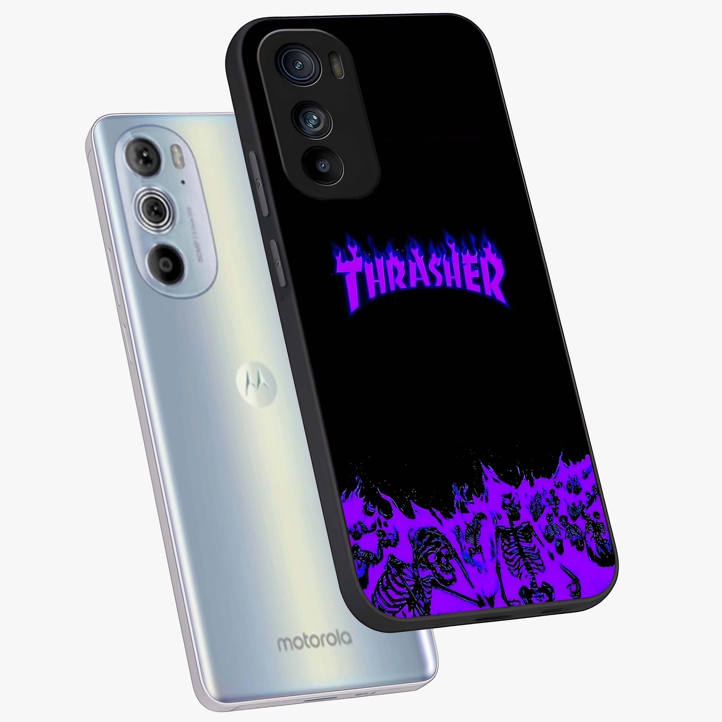 Neon Flame Riot Glass Case displayed in angled mockup highlighting glowing flame design with vibrant neon aesthetic.