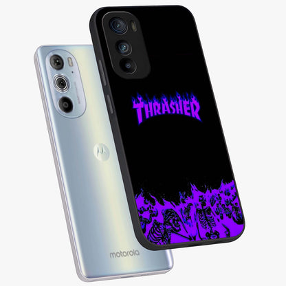 Neon Flame Riot Glass Case displayed in angled mockup highlighting glowing flame design with vibrant neon aesthetic.