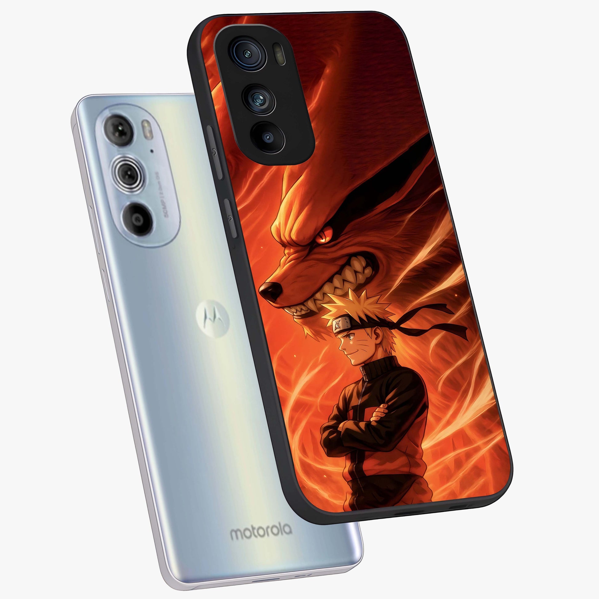Nine Tails Legacy Glass Case displayed in angled mockup highlighting dynamic anime beast illustration with bold mystical aesthetic.
