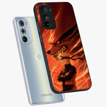Nine Tails Legacy Glass Case displayed in angled mockup highlighting dynamic anime beast illustration with bold mystical aesthetic.