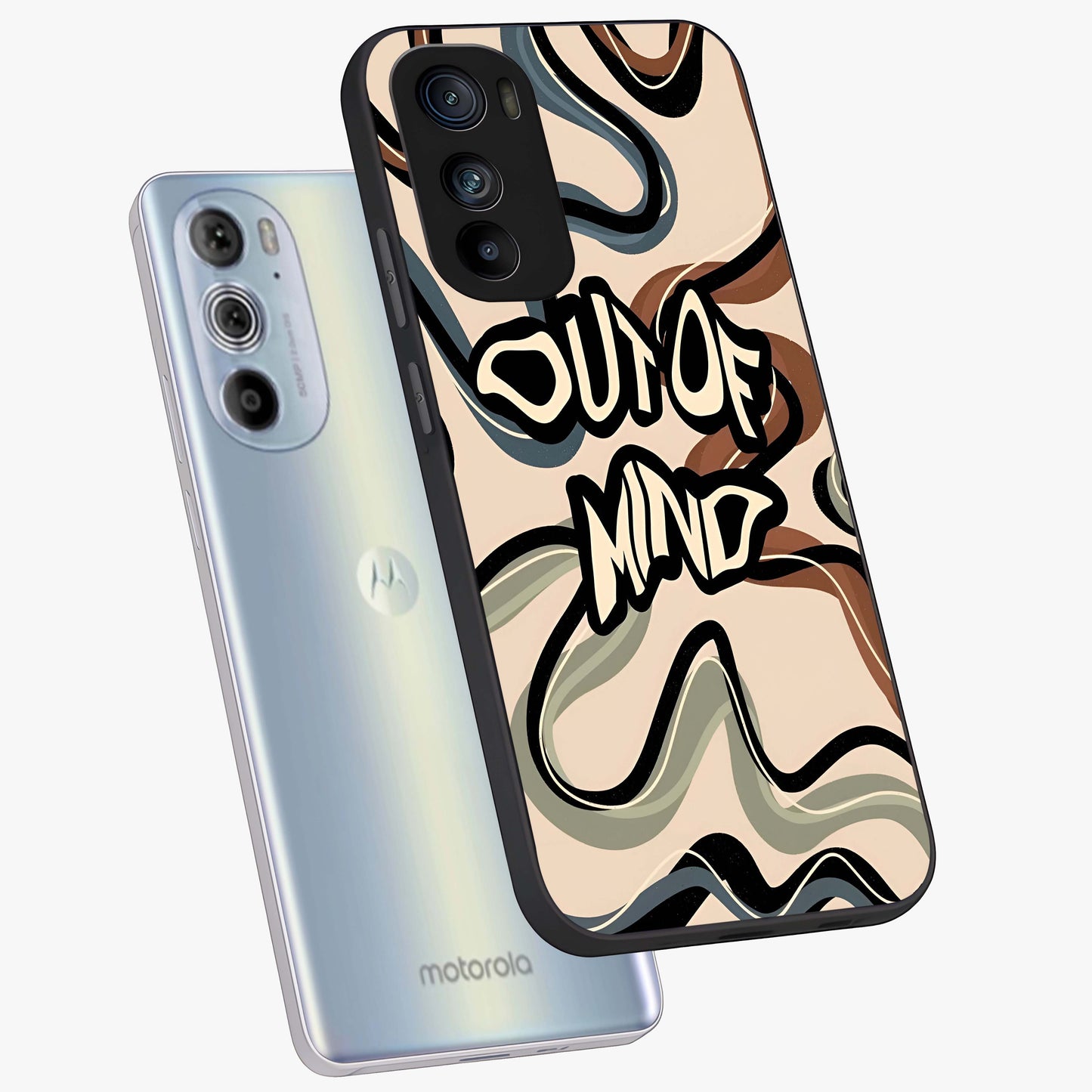 Out Of Mind Glass Case displayed in angled mockup highlighting bold statement design with modern artistic aesthetic.