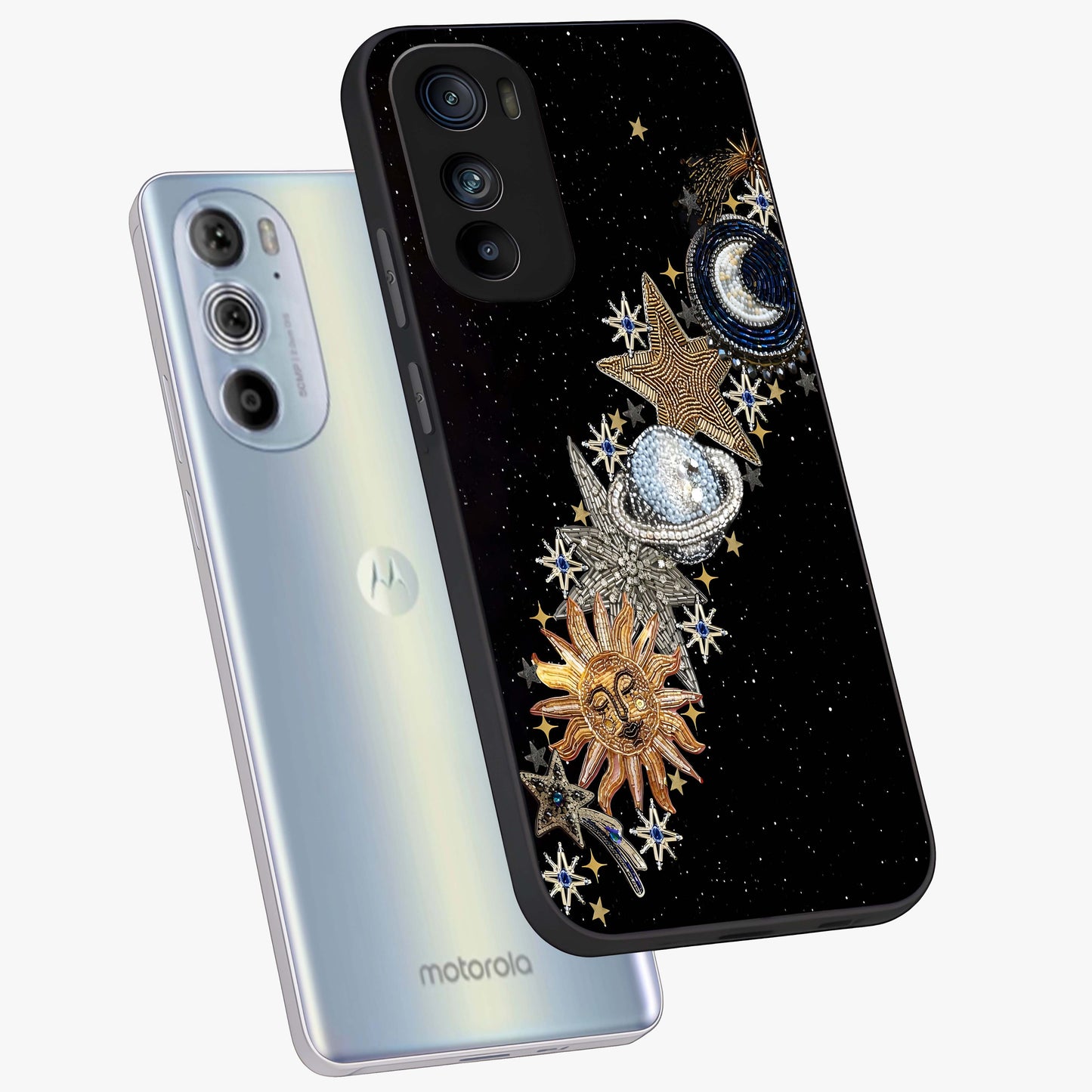 Pearls Universe Object Glass Case displayed in angled mockup highlighting celestial pearl design with dreamy aesthetic.
