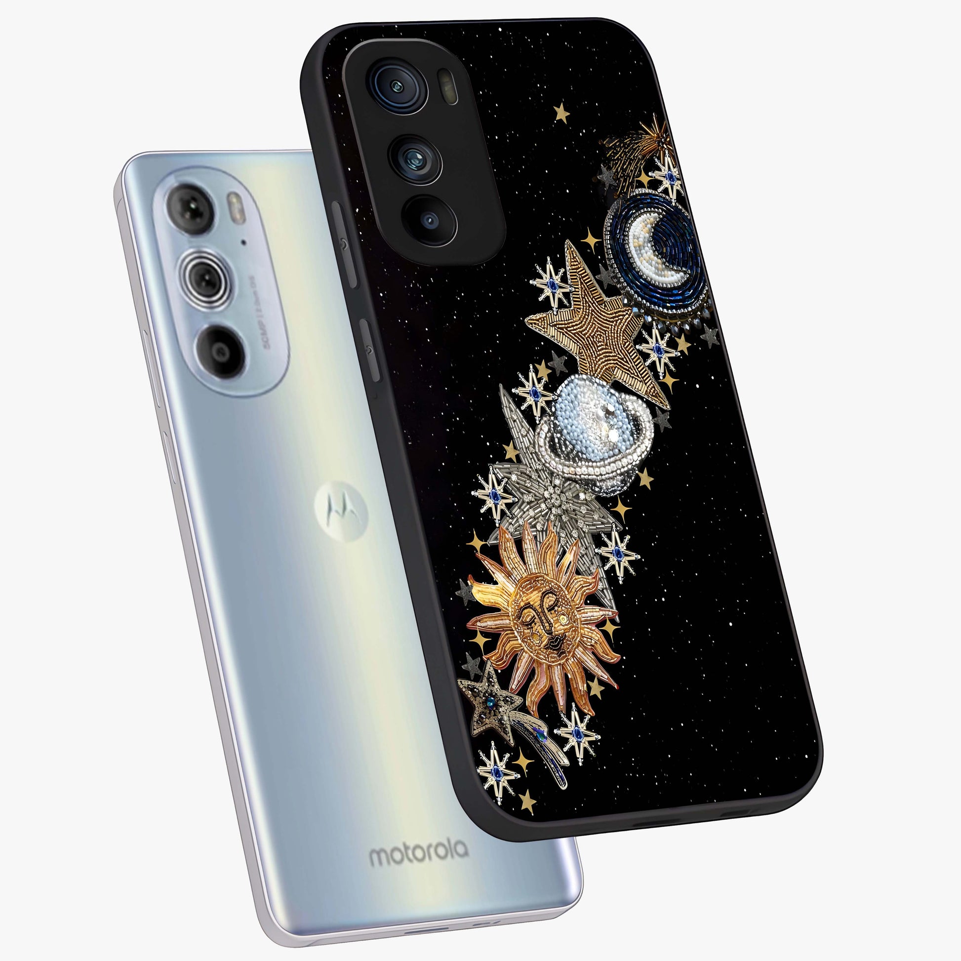 Pearls Universe Object Glass Case displayed in angled mockup highlighting celestial pearl design with dreamy aesthetic.