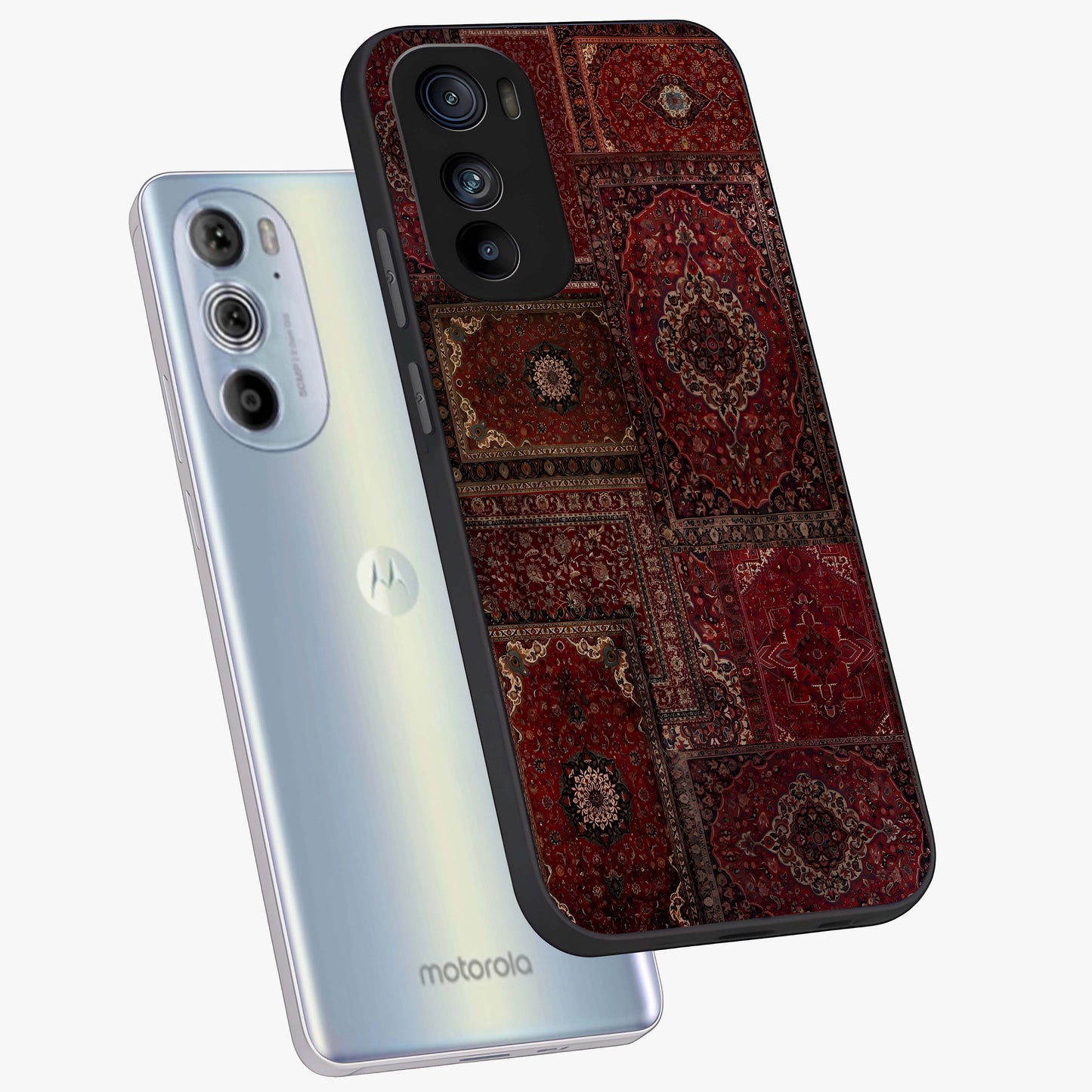 Persian Velvet Tale Glass Case displayed in angled mockup highlighting ornate textile inspired design with royal aesthetic.