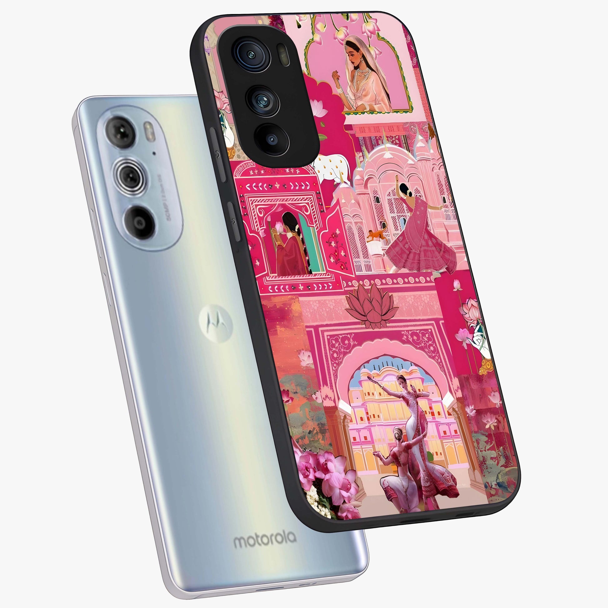 Pink Palace Muse Glass Case displayed in angled mockup highlighting dreamy palace illustration with soft pink aesthetic.