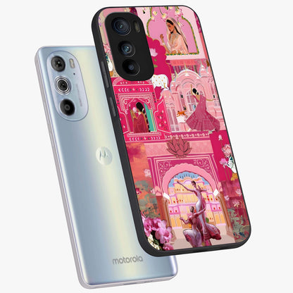 Pink Palace Muse Glass Case displayed in angled mockup highlighting dreamy palace illustration with soft pink aesthetic.
