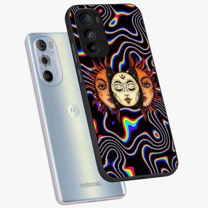 Psychedelic Sun Glass Case displayed in angled mockup highlighting vibrant abstract sun design with artistic aesthetic style.