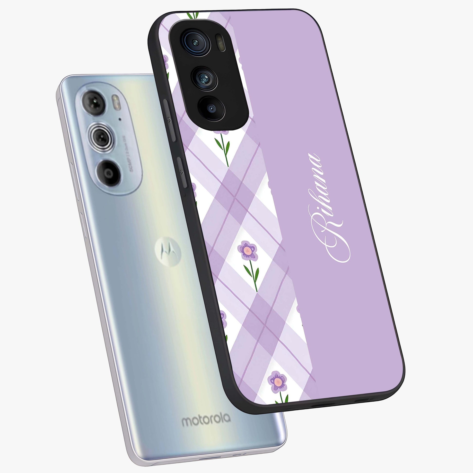 Purple Diamond Floral Glass Case displayed in angled mockup highlighting elegant purple flower design with decorative pattern.