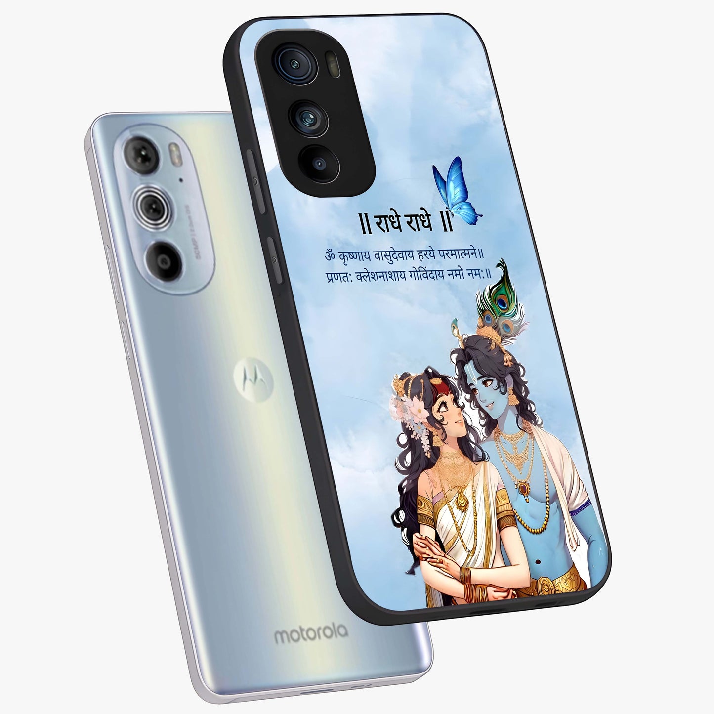 Radha Krishna Eternal Glass Case displayed in angled mockup highlighting divine Radha Krishna illustration with spiritual aesthetic.