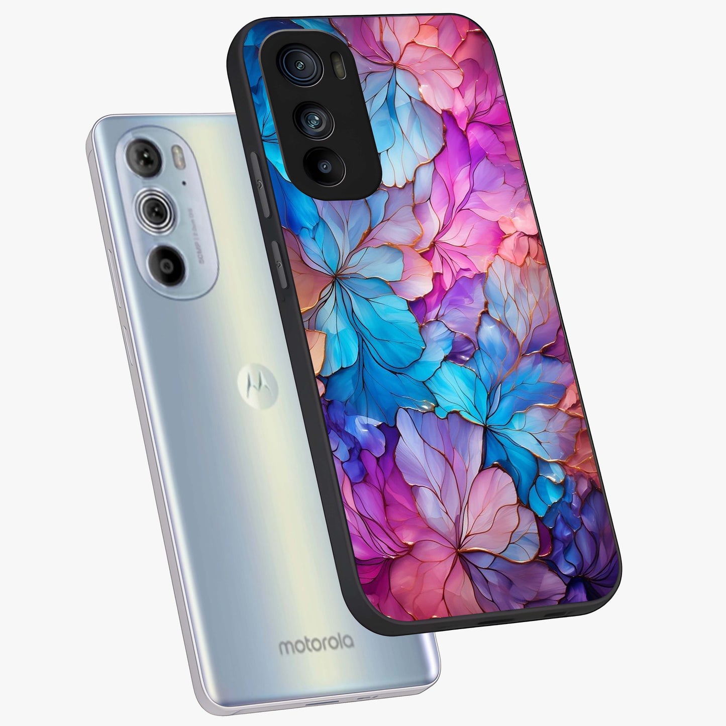 Radiant Floral Whirl Glass Case displayed in angled mockup highlighting vibrant flower pattern with dynamic artistic aesthetic.