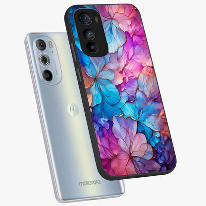 Radiant Floral Whirl Glass Case displayed in angled mockup highlighting vibrant flower pattern with dynamic artistic aesthetic.