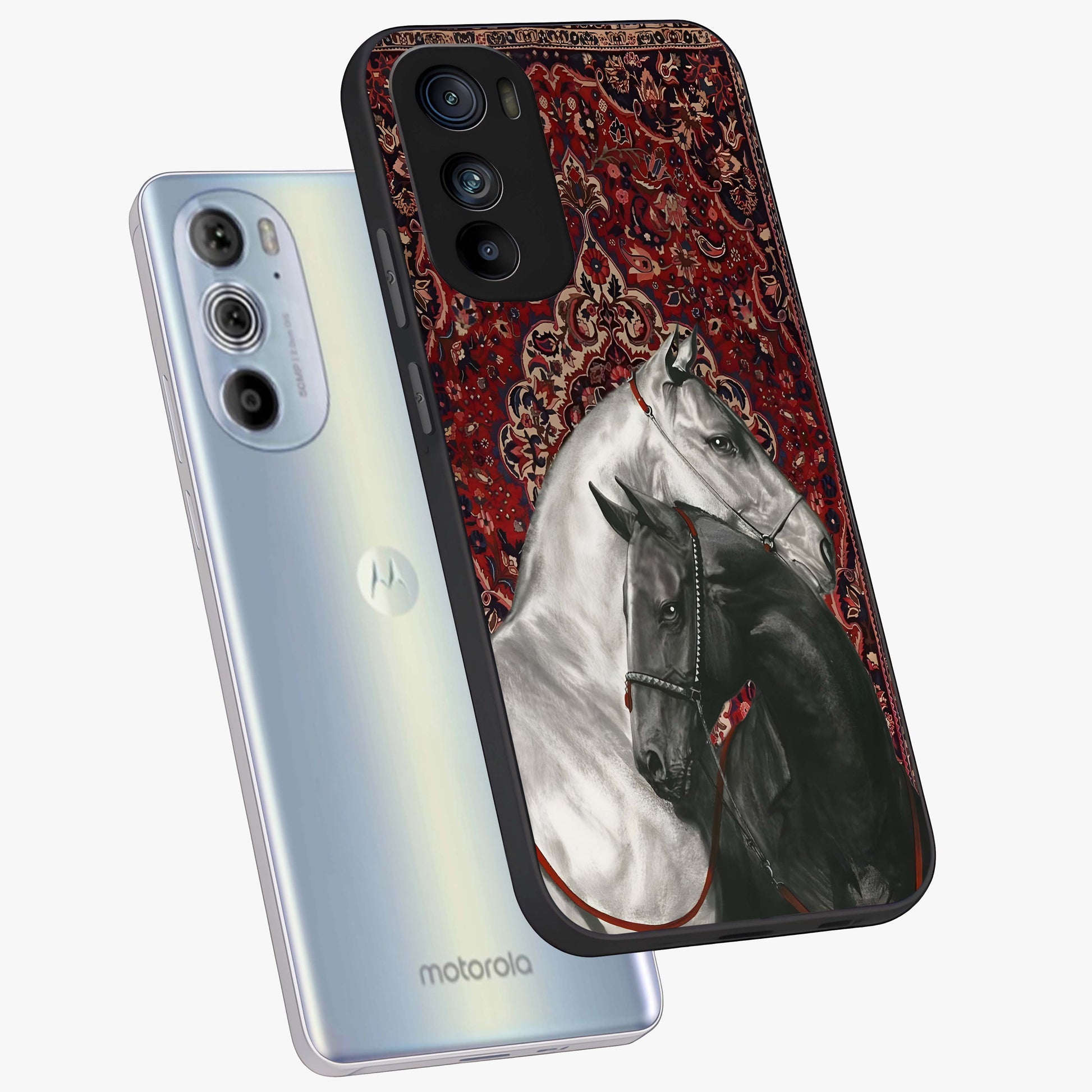 Regal Stallion Tapestry Glass Case displayed in angled mockup highlighting royal stallion design with decorative heritage aesthetic.