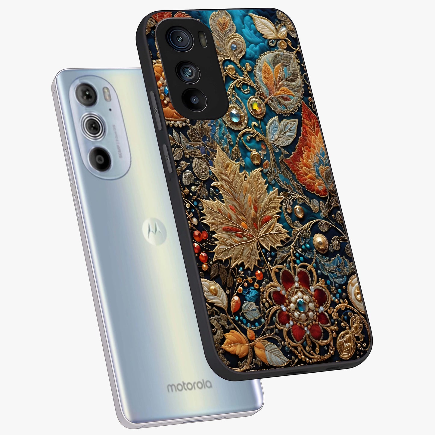 Royal Jewel Garden Glass Case displayed in angled mockup highlighting vibrant jewel inspired floral design with elegant aesthetic.