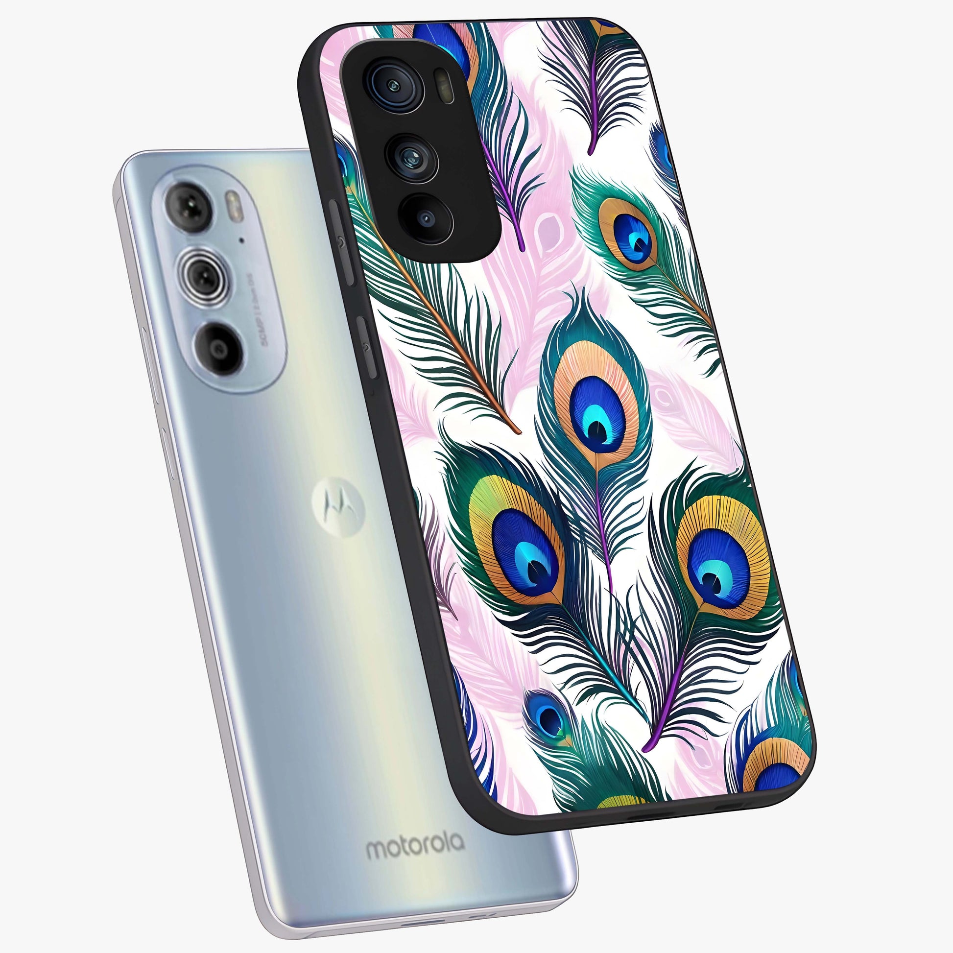 Royal Peacock Feathers Glass Case displayed in angled mockup highlighting vibrant feather pattern with regal aesthetic style.