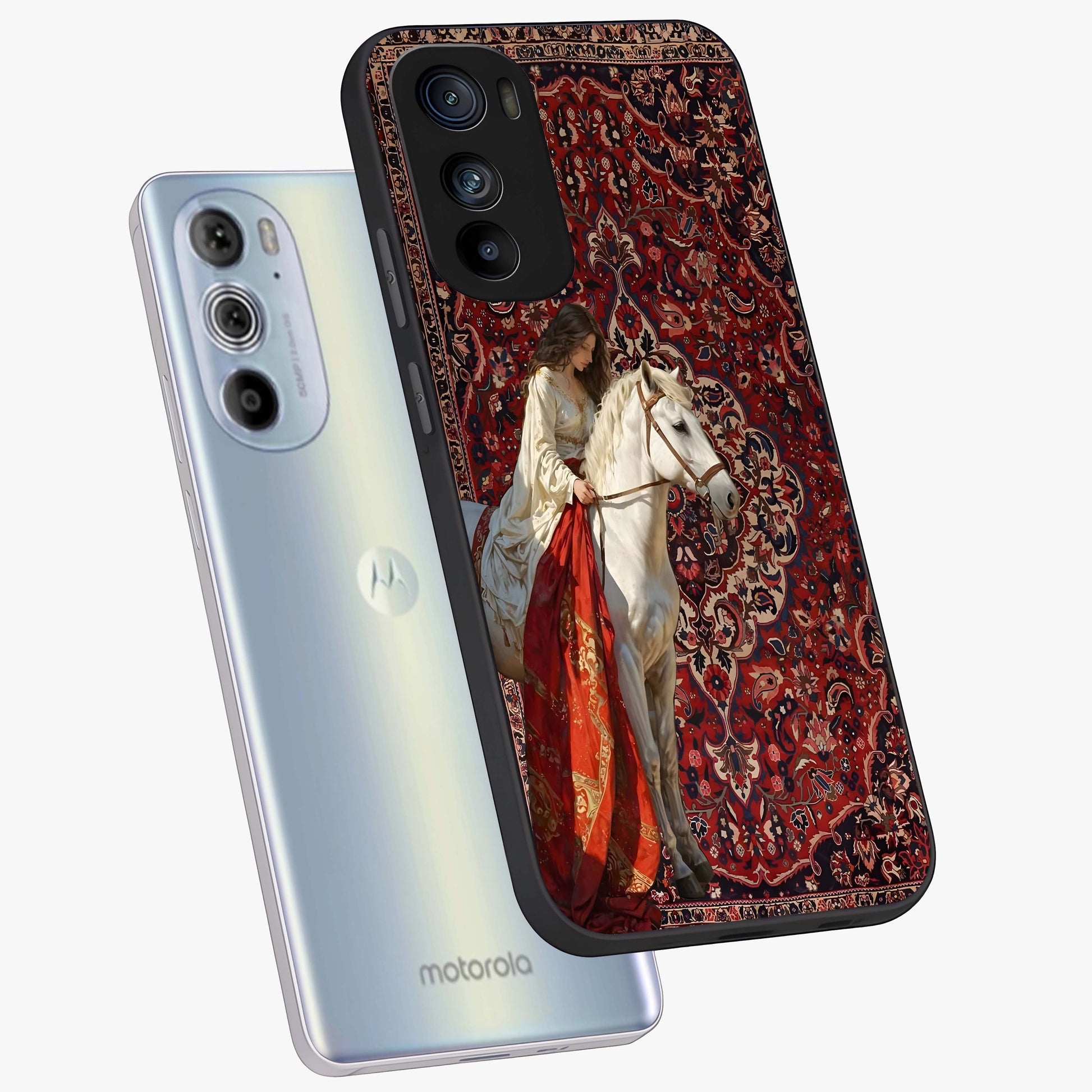 Royal Rider Tapestry Glass Case displayed in angled mockup highlighting traditional tapestry design with royal heritage aesthetic.