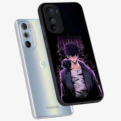 Shadow Monarch Awakening Glass Case displayed in angled mockup highlighting dramatic shadow warrior design with fantasy aesthetic.