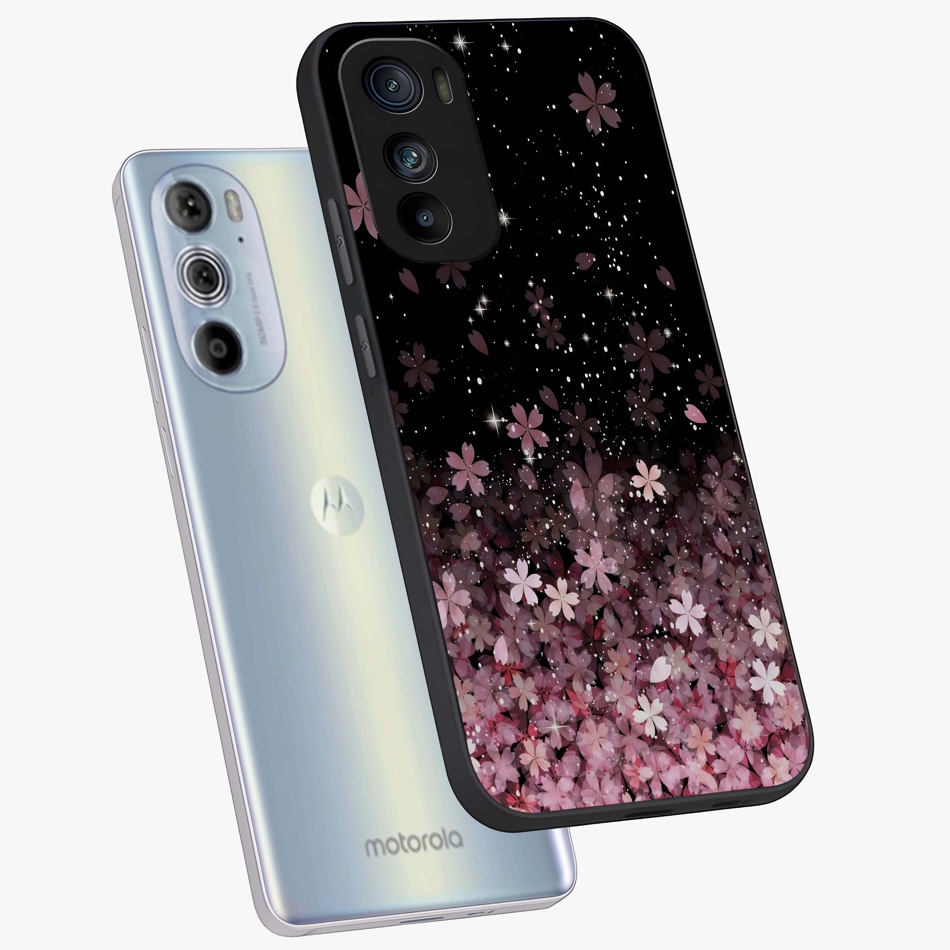 Small Starry Flowers Glass Case displayed in angled mockup highlighting tiny flower pattern with celestial aesthetic style.