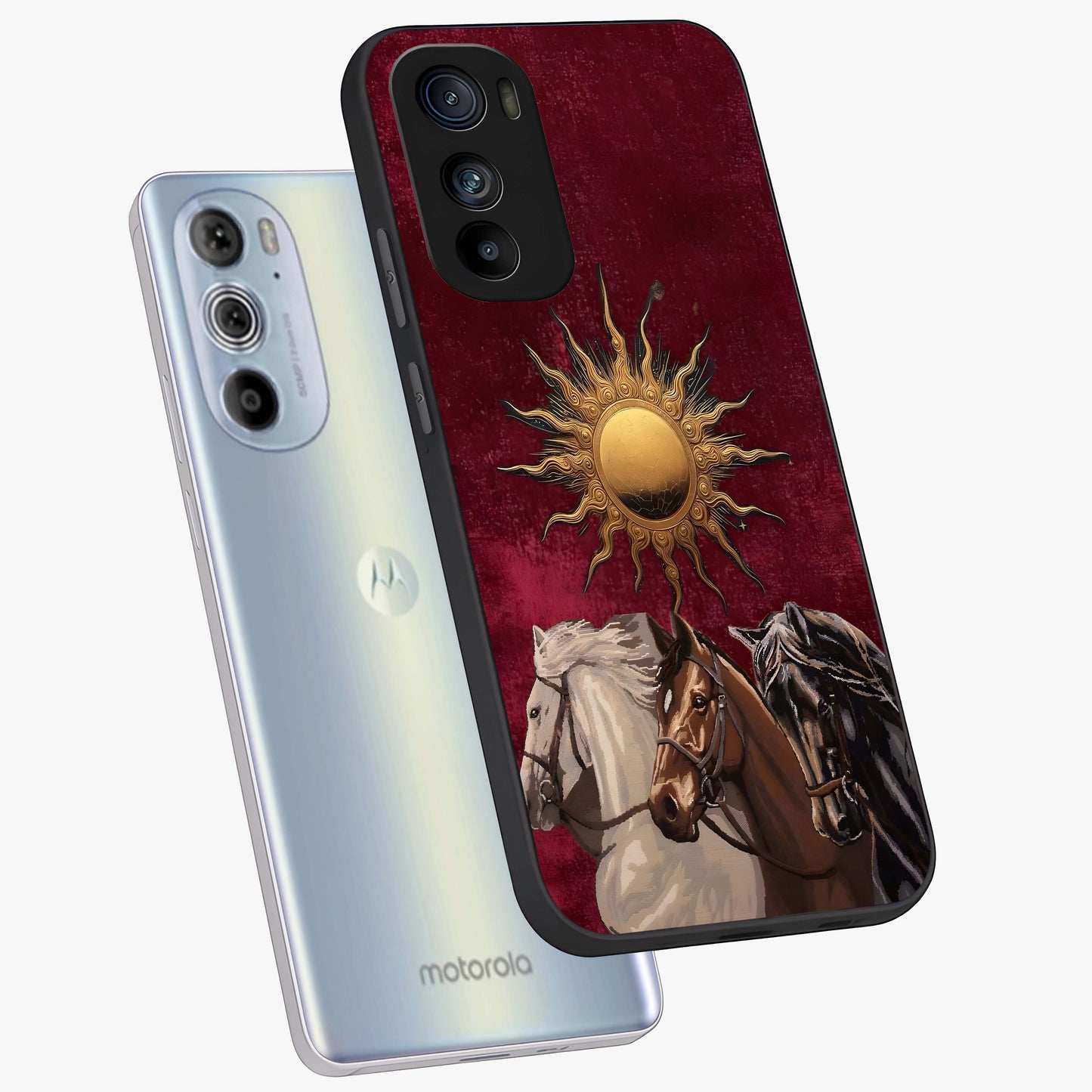Solar Riders Glass Case displayed in angled mockup highlighting powerful rider illustration with radiant solar aesthetic.