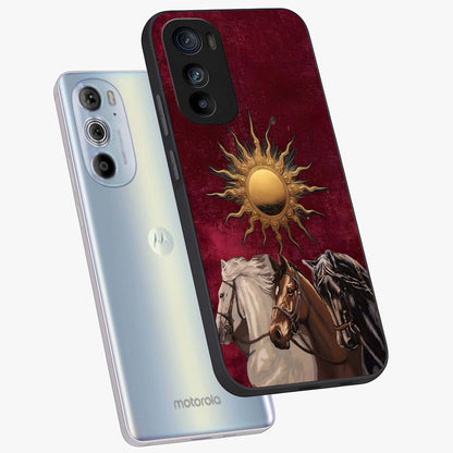 Solar Riders Glass Case displayed in angled mockup highlighting powerful rider illustration with radiant solar aesthetic.