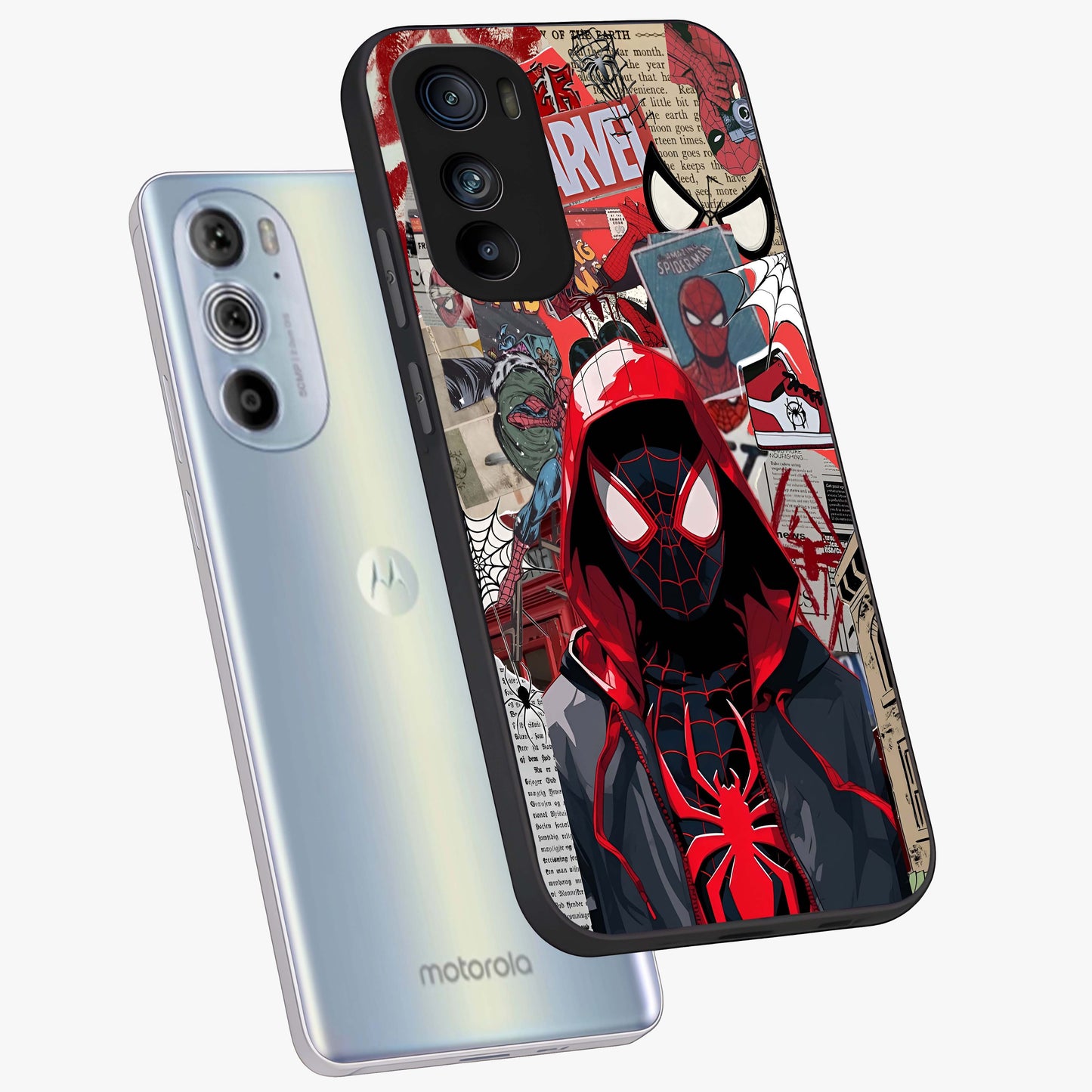 Spider Collage Street Glass Case displayed in angled mockup highlighting dynamic street style collage design with comic aesthetic.