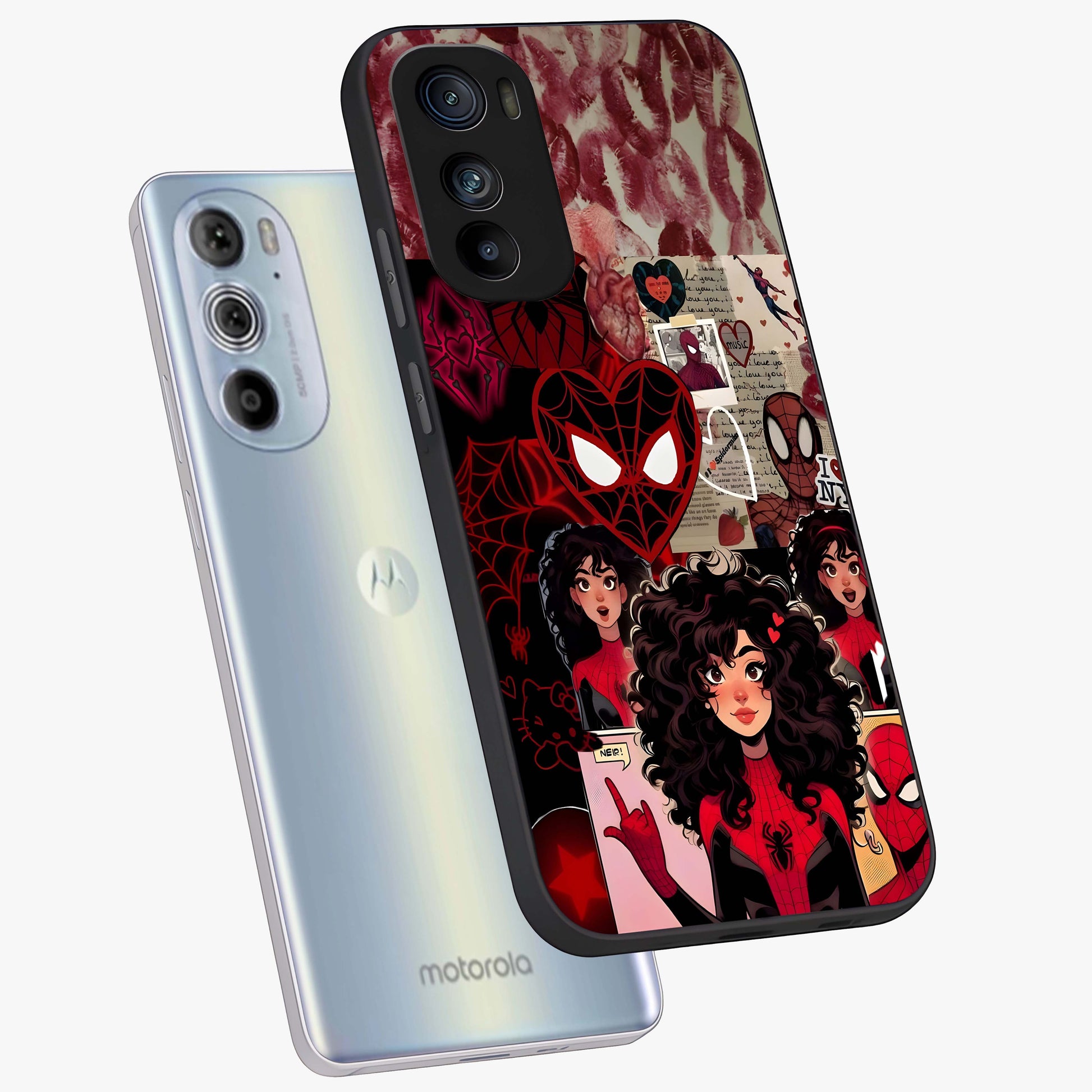 Spider Love Story Glass Case displayed in angled mockup highlighting expressive comic inspired design with playful aesthetic.