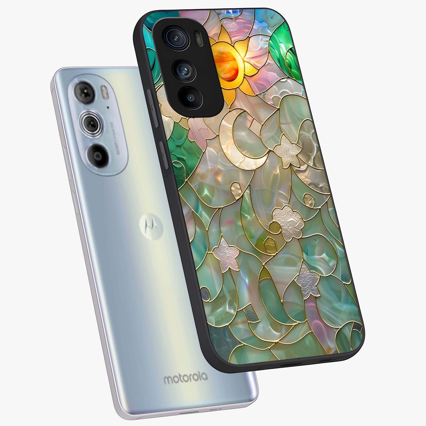 Stained Sunrise Glow Glass Case displayed in angled mockup highlighting radiant sunrise design with artistic aesthetic style.