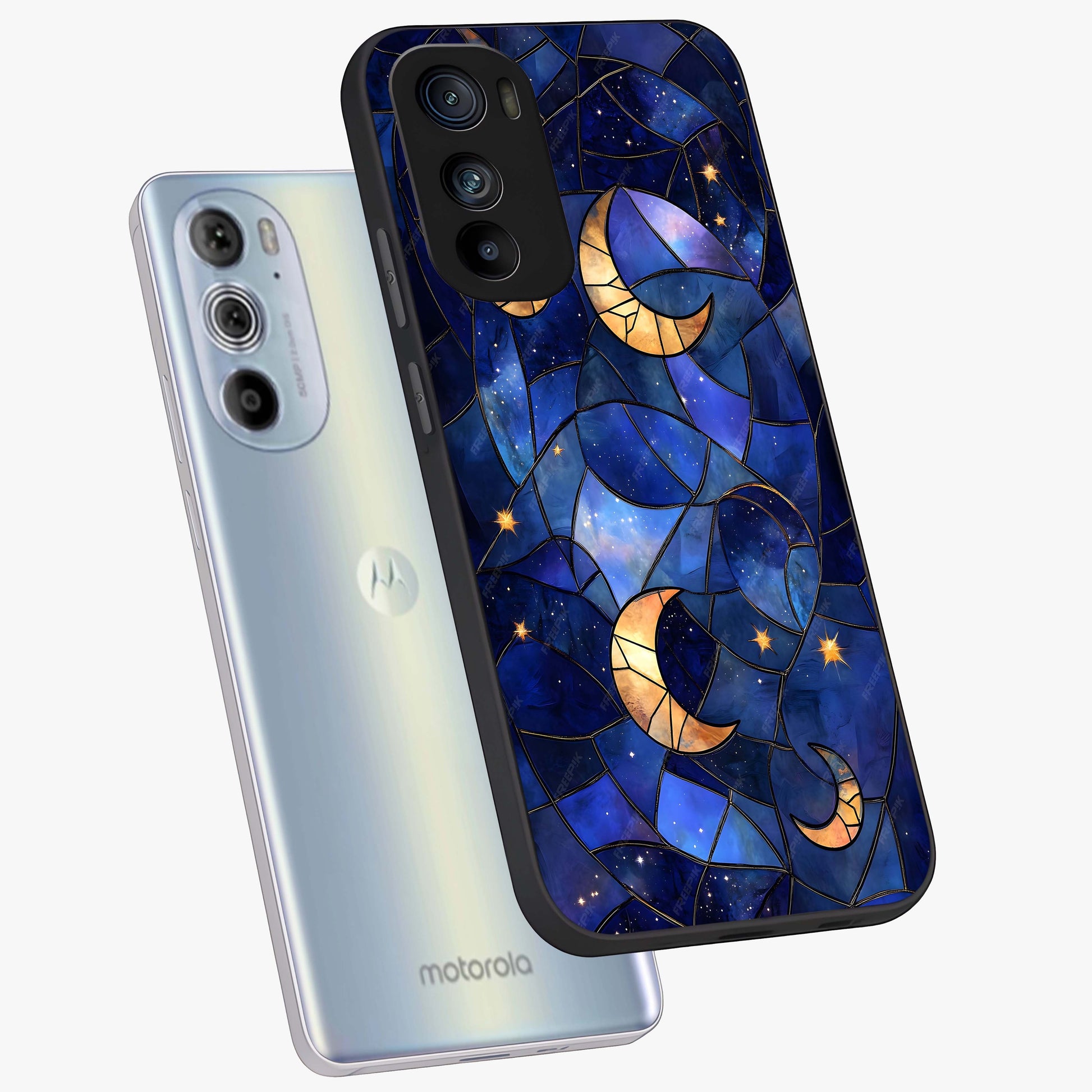 Starlit Sky Tapestry Glass Case displayed in angled mockup highlighting celestial night pattern with artistic aesthetic style.